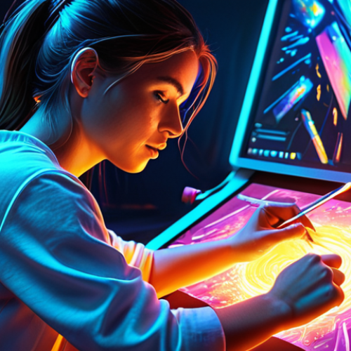 Home 13 A digital artist, a young woman, working on a luminous graphic tablet. Her artwork on the screen seamlessly blends traditional oil paint textures and brushstrokes with futuristic digital elements like glowing light streaks and pixelated gradients. The scene embodies the limitless possibilities of digital creation, vibrant colors, dynamic composition, highly detailed, artstation.