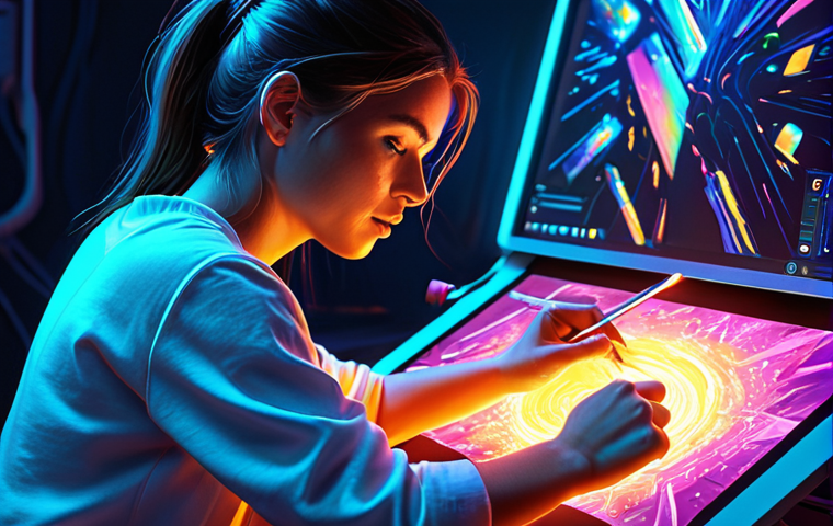 A digital artist, a young woman, working on a luminous graphic tablet. Her artwork on the screen seamlessly blends traditional oil paint textures and brushstrokes with futuristic digital elements like glowing light streaks and pixelated gradients. The scene embodies the limitless possibilities of digital creation, vibrant colors, dynamic composition, highly detailed, artstation.